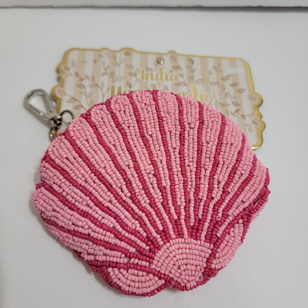 India Handmade Pink Beaded Seashell Coin‎ Purse Keychain Zipper Pouch New